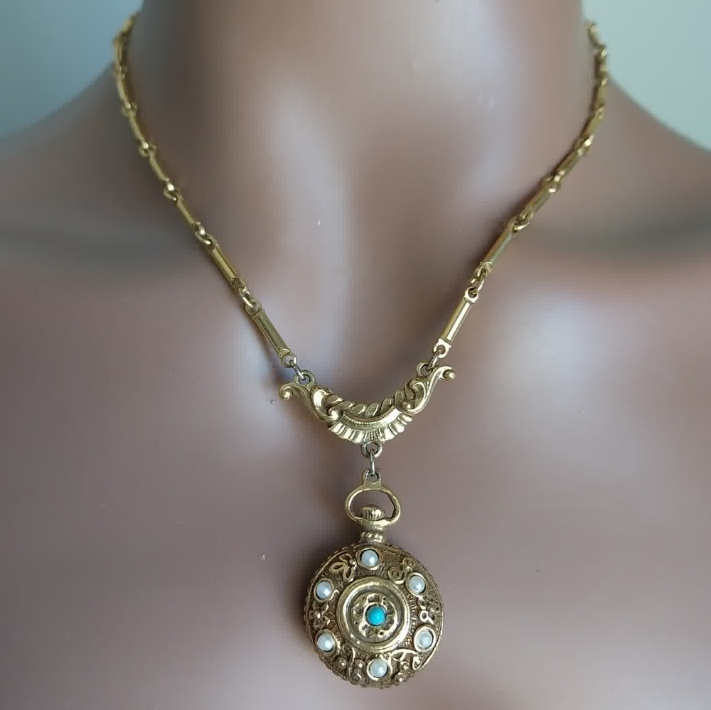 Ventage Signed Goldette  Pendant Necklace with Turquoise and Pearl Accents